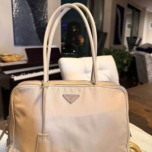 Prada Beige Tessuto Nylon & Leather Top Handle Tote Bag w/ Lock & Key